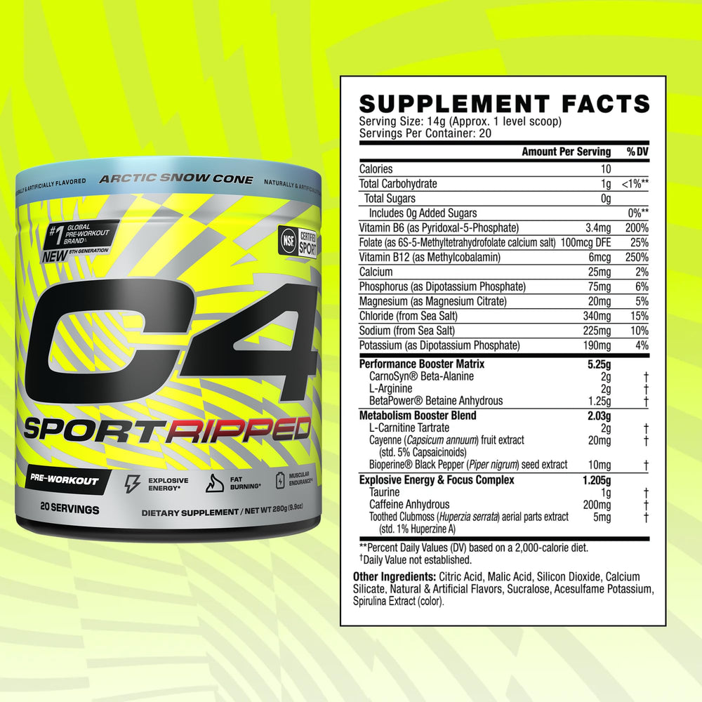 C4 Sport Ripped ingredient panel features beta-alanine and caffeine details for athletes.