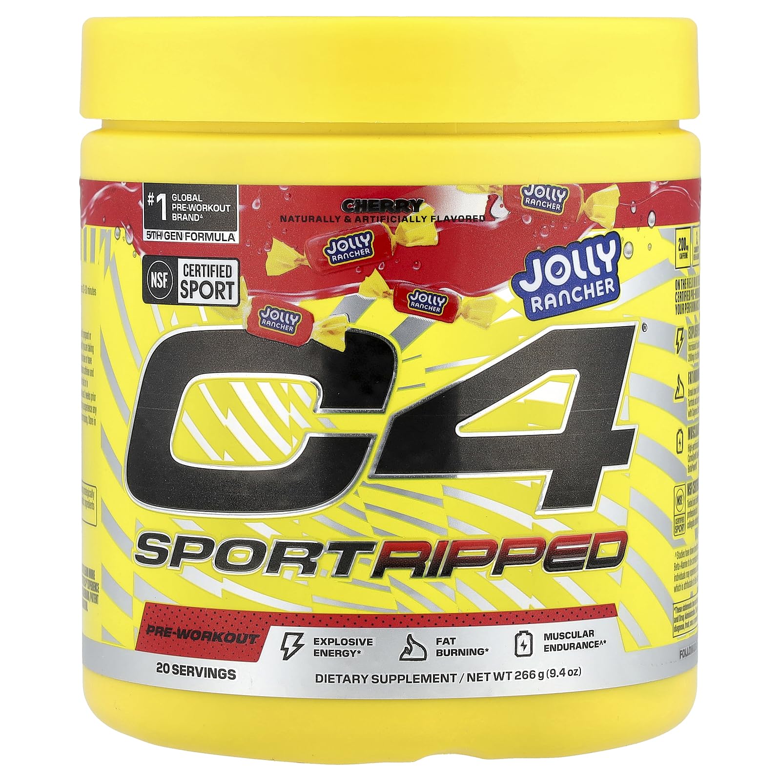 C4 Sport Ripped powder tub in Jolly Rancher Cherry flavor for intense workouts.