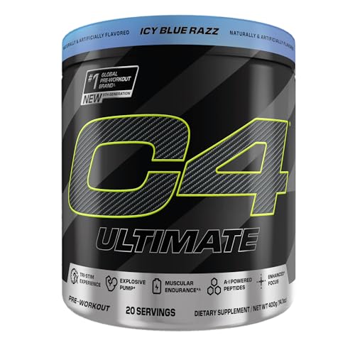 C4 Ultimate ICY Blue Razz bottle back highlights sugar-free formula.