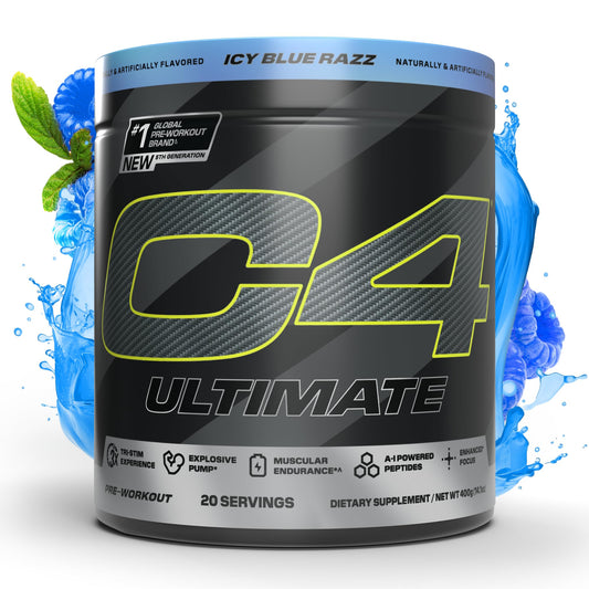 C4 Ultimate ICY Blue Razz bottle front for energized workouts.