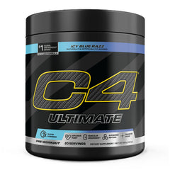 C4 Ultimate ICY Blue Razz packaging front, sugar-free pre-workout formula highlighted.