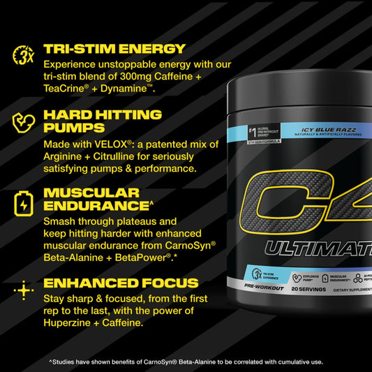 C4 Ultimate ICY Blue Razz tub label shows 300 mg caffeine and Citrulline Pump Matrix.