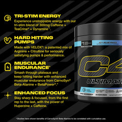 C4 Ultimate ICY Blue Razz tub label shows 300 mg caffeine and Citrulline Pump Matrix.