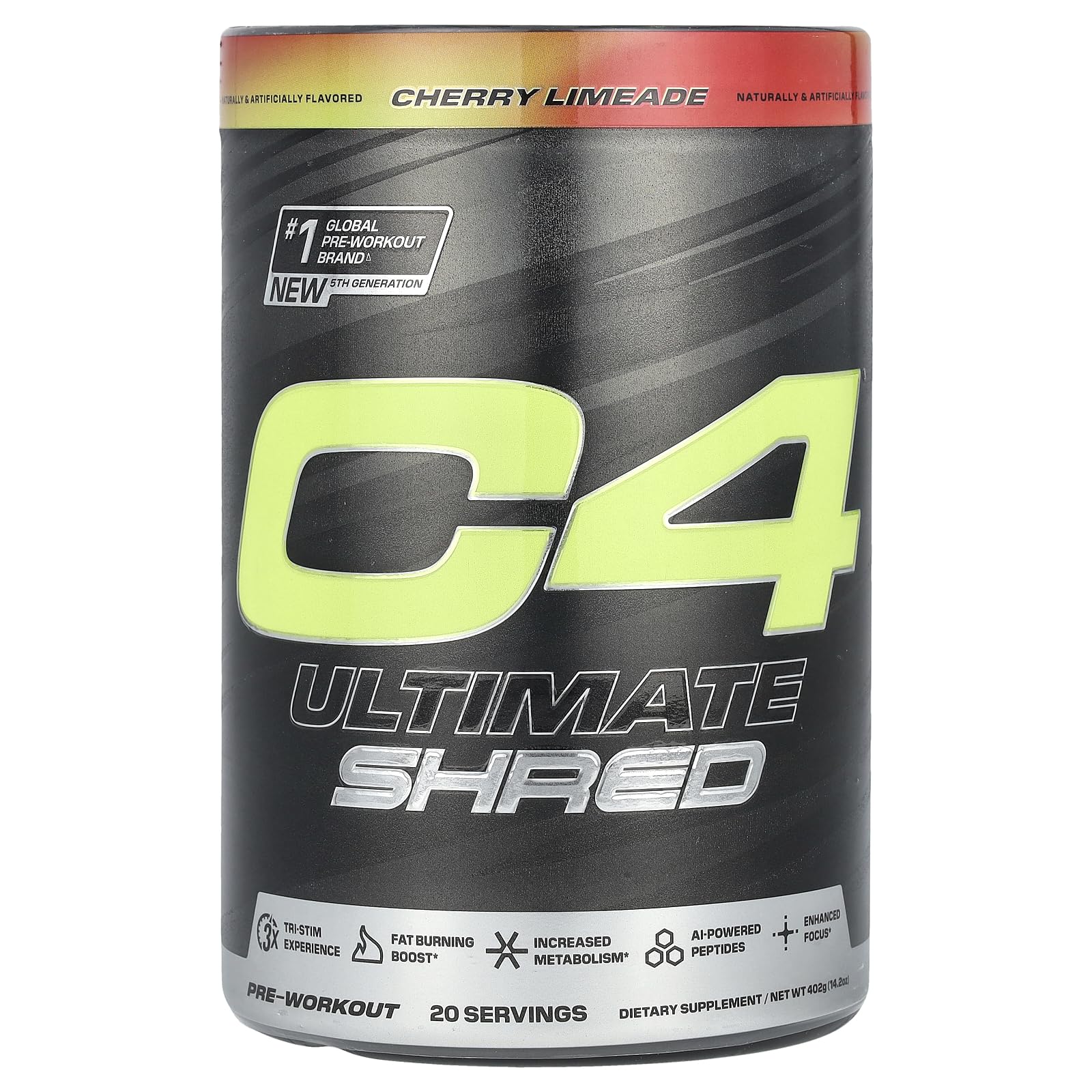 C4 Ultimate Shred Cherry Limeade bottle pour; energy for focused workouts.