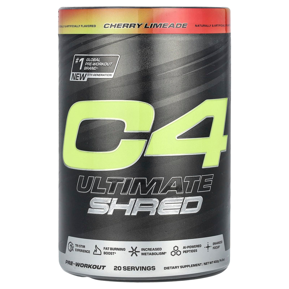 C4 Ultimate Shred Cherry Limeade bottle pour; energy for focused workouts.