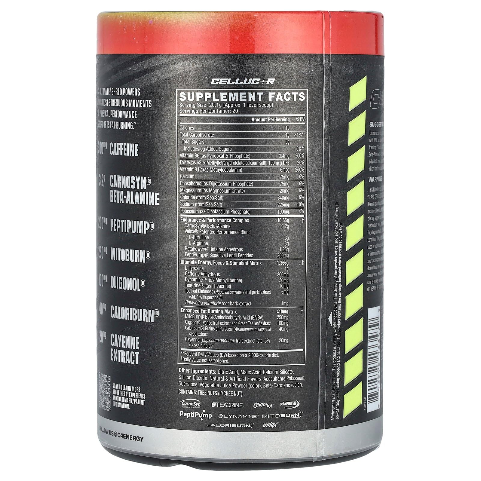 C4 Ultimate Shred Cherry Limeade label close-up; highlights caffeine for sustained workout energy.