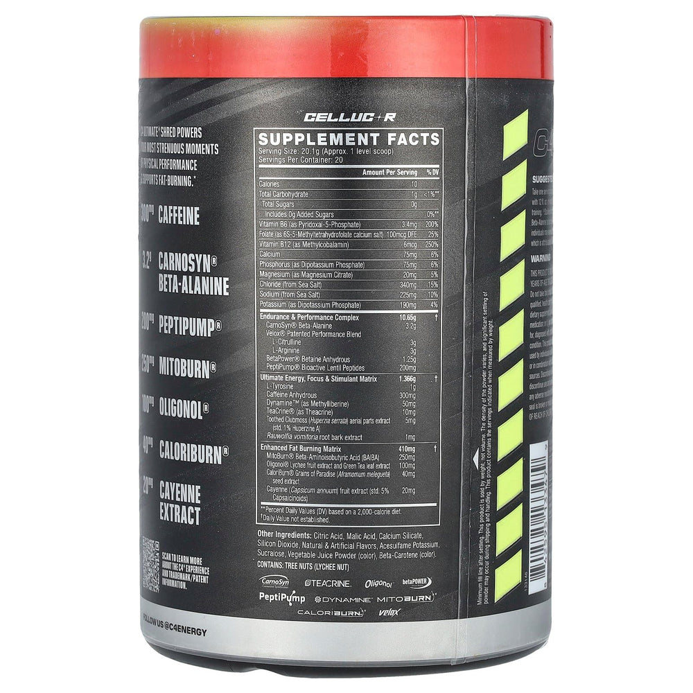 C4 Ultimate Shred Cherry Limeade label close-up; highlights caffeine for sustained workout energy.