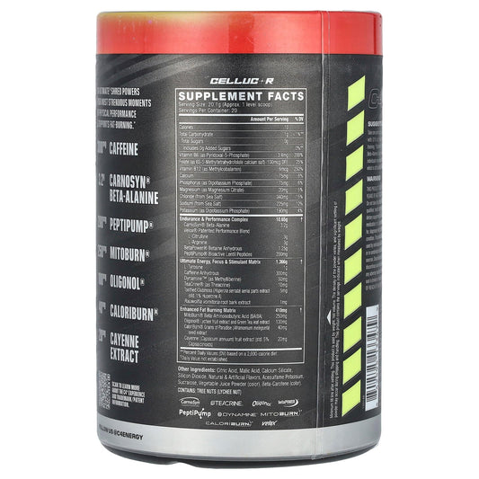 C4 Ultimate Shred Cherry Limeade label close-up; highlights caffeine for sustained workout energy.