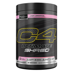 C4 Ultimate Shred pink lemonade tub shows flavor ideal for pre-workout energy