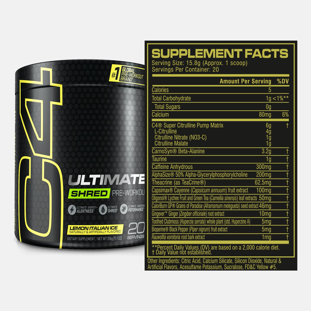 C4 Ultimate Shred powder pours from bottle for quick workout prep.