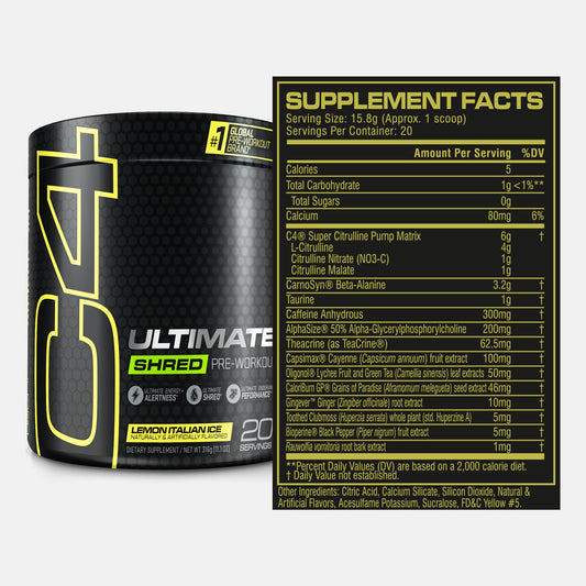 C4 Ultimate Shred powder pours from bottle for quick workout prep.