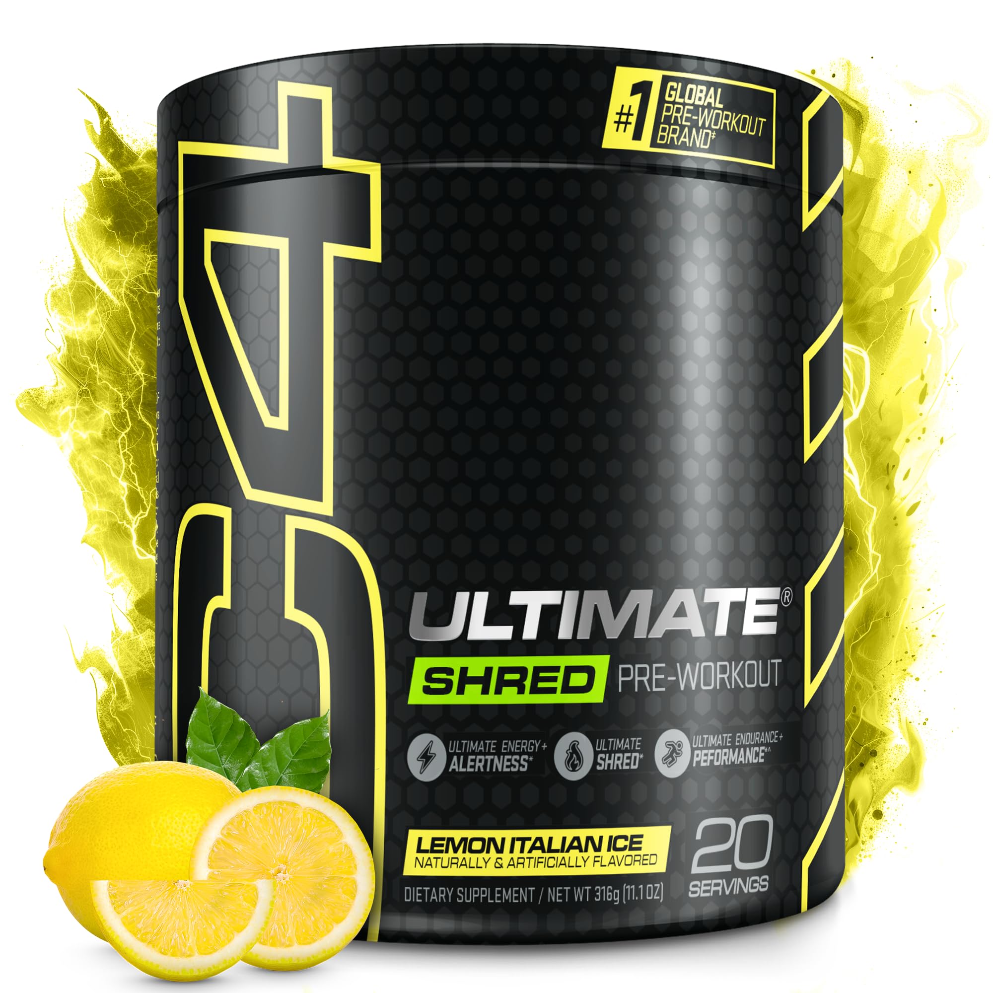 C4 Ultimate Shred Lemon Italian Ice powder in tub boosts energy and focus.