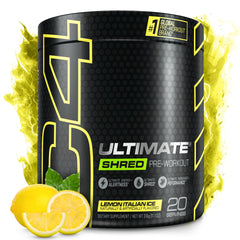 C4 Ultimate Shred Lemon Italian Ice powder in tub boosts energy and focus.