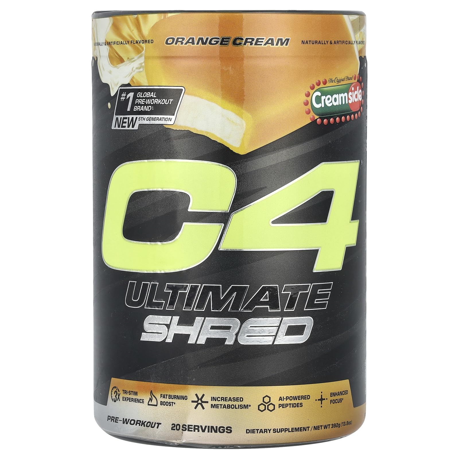 C4 Ultimate Shred orange creamsicle powder in tub for pre-workout energy and focus