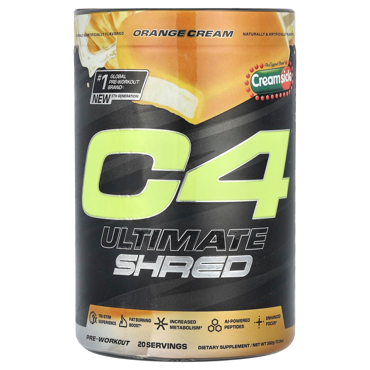 C4 Ultimate Shred orange creamsicle powder in tub for pre-workout energy and focus