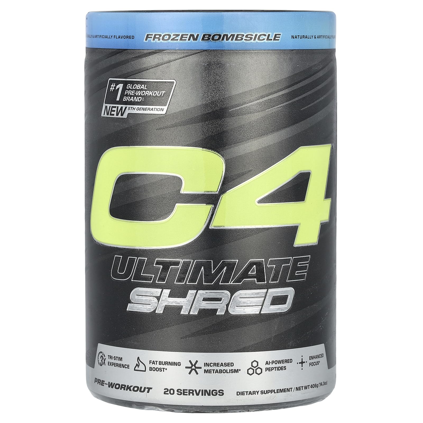 C4 Ultimate Shred tub in Frozen Bombsicle flavor for intense workouts