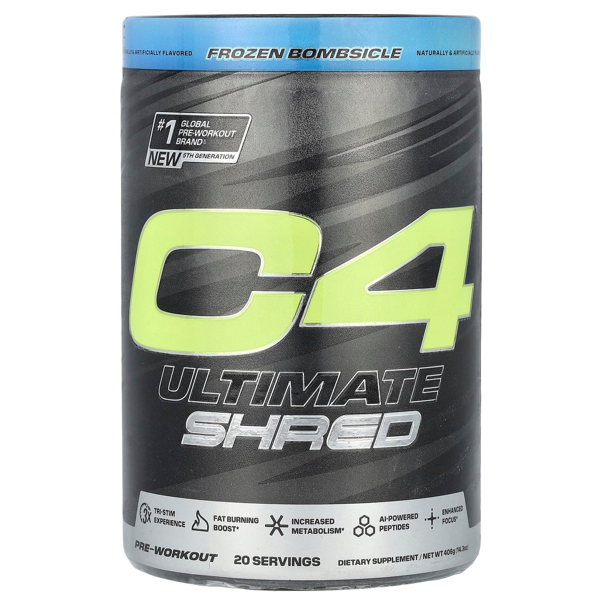 C4 Ultimate Shred tub in Frozen Bombsicle flavor for intense workouts