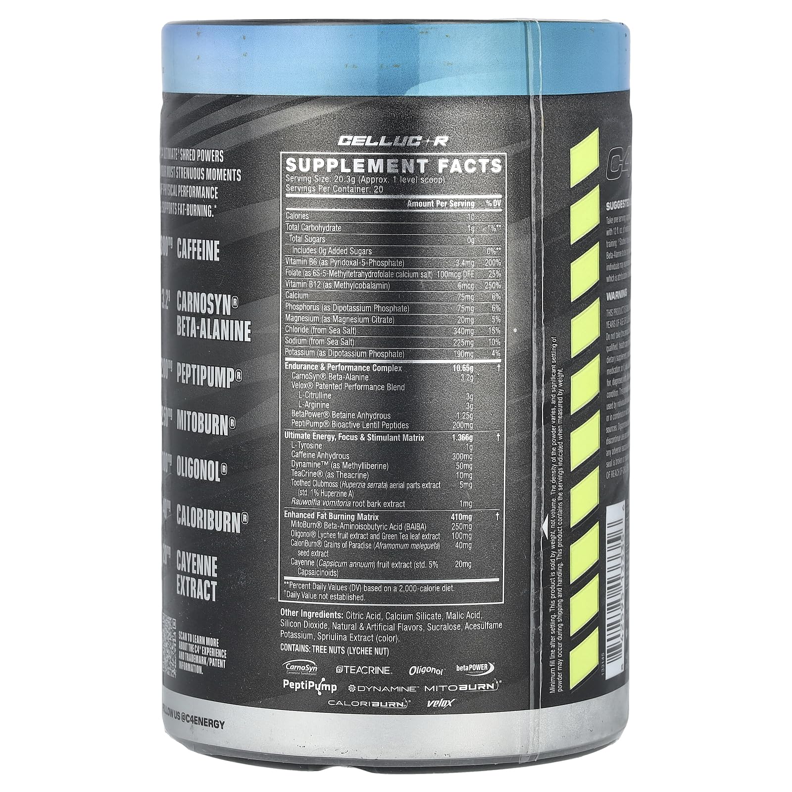 C4 Ultimate Shred scoop and label highlighting Tri-Stim energy for focused training