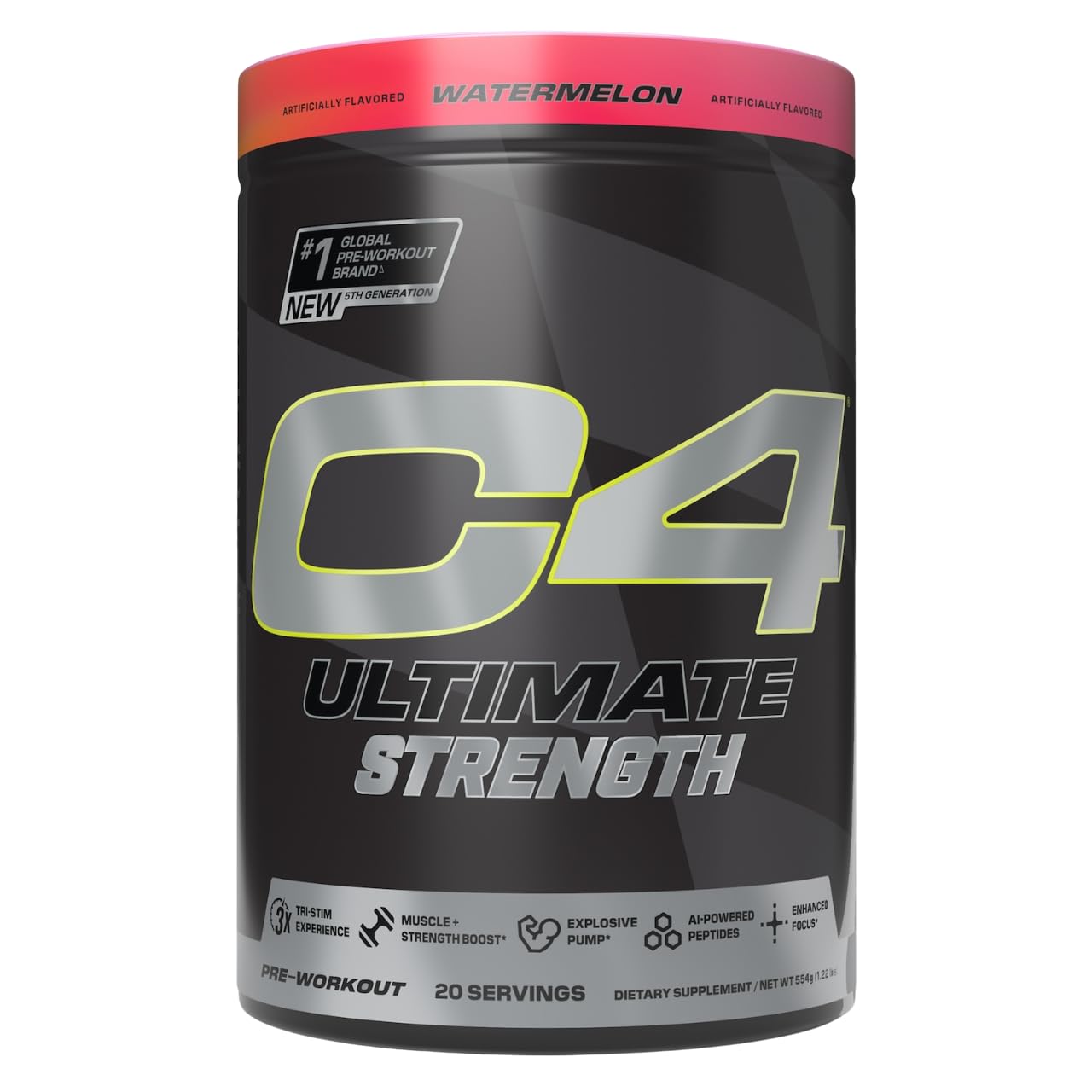 C4 Ultimate Strength bottle front view highlighting energy blend