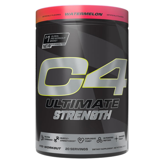 C4 Ultimate Strength bottle front view highlighting energy blend