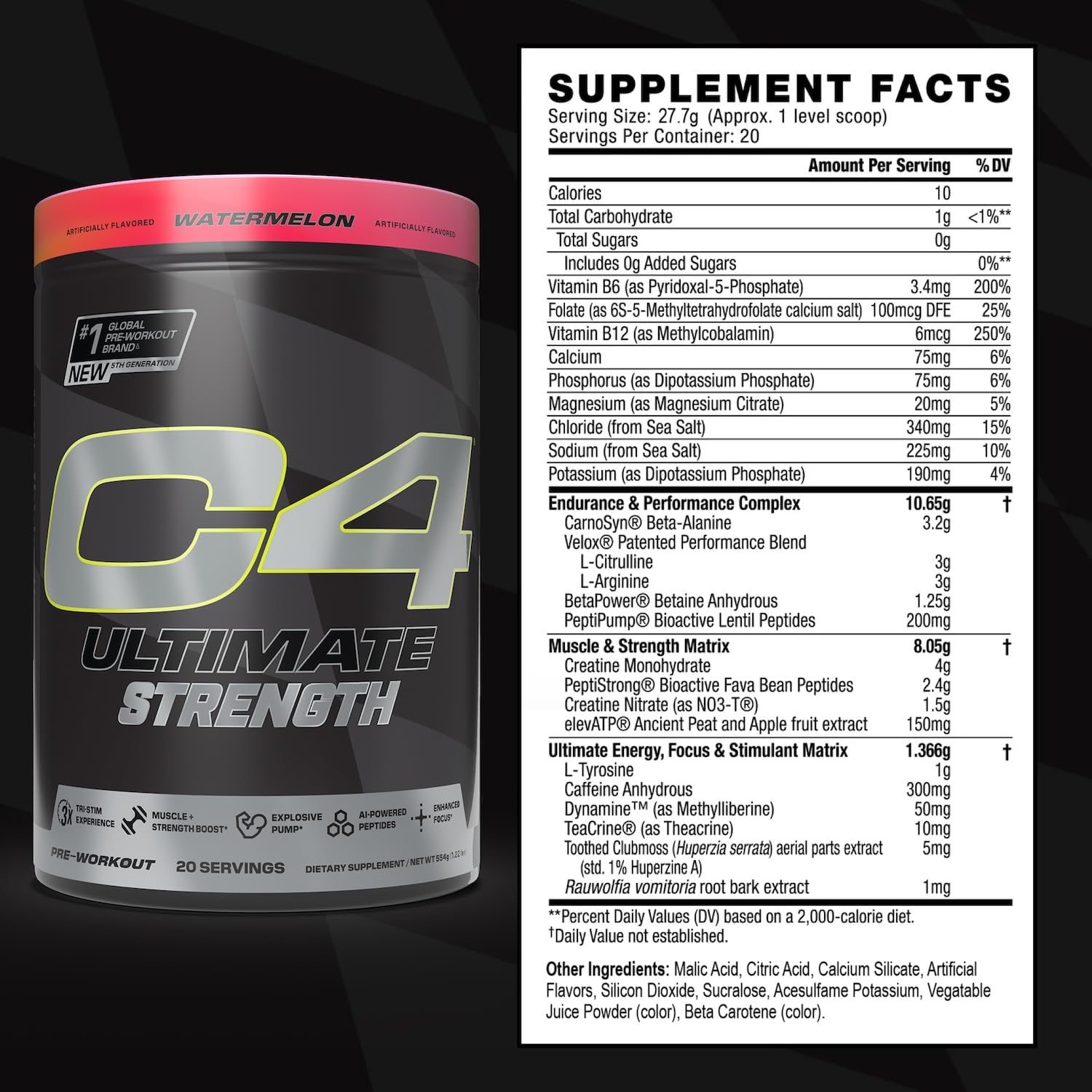 C4 Ultimate Strength bottle label with ingredient highlights for strength and endurance