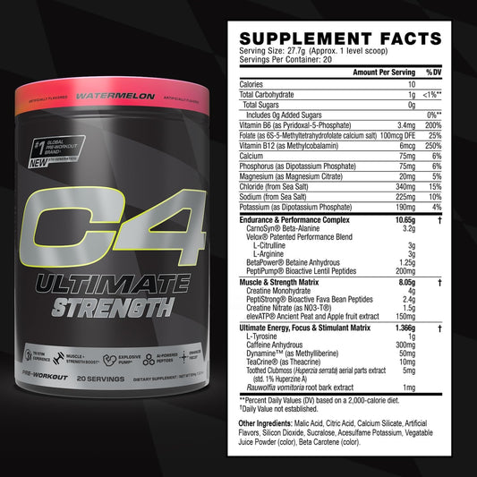 C4 Ultimate Strength bottle label with ingredient highlights for strength and endurance