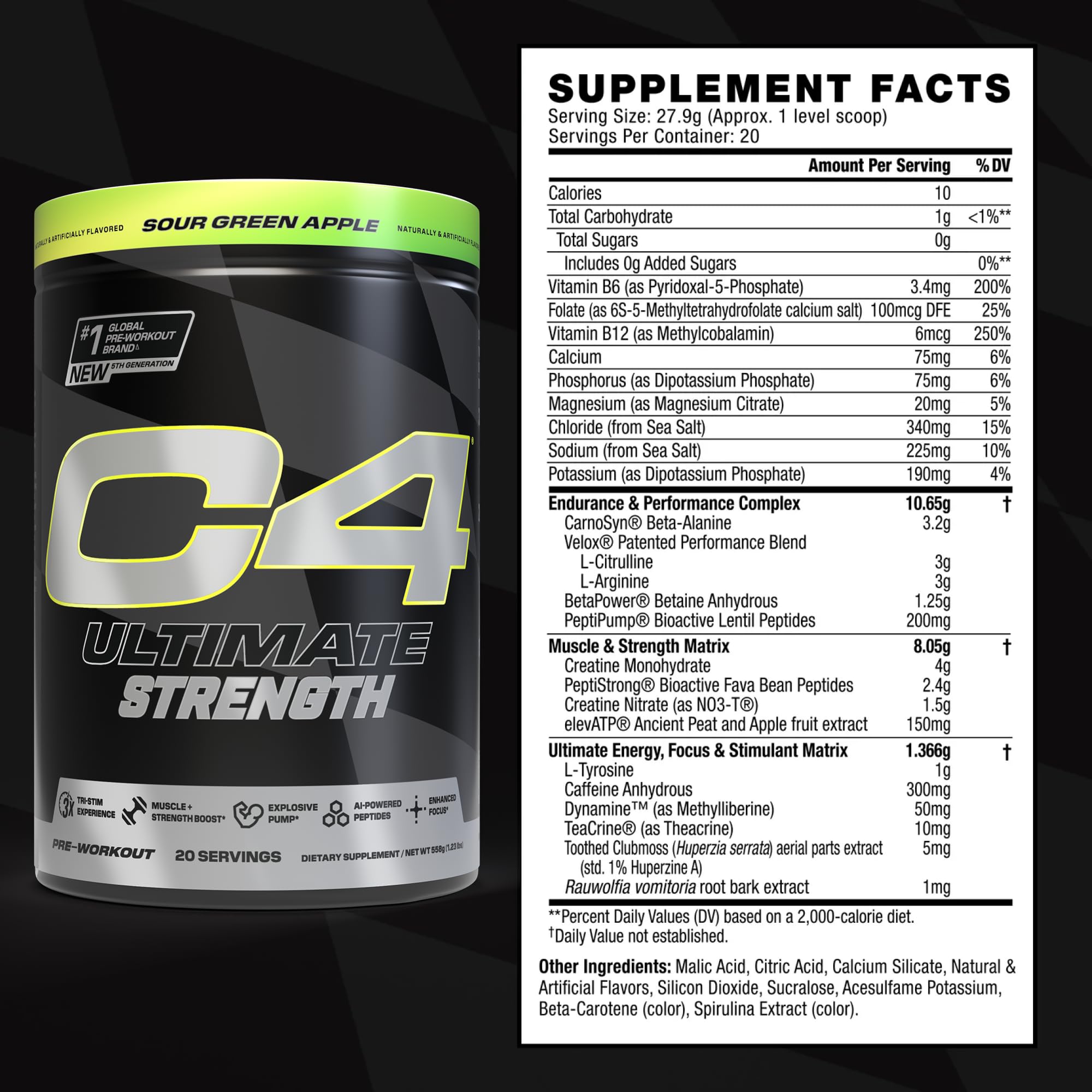 C4 Ultimate Strength ingredient graphic with TeaCrine, VELOX, and PeptiStrong.