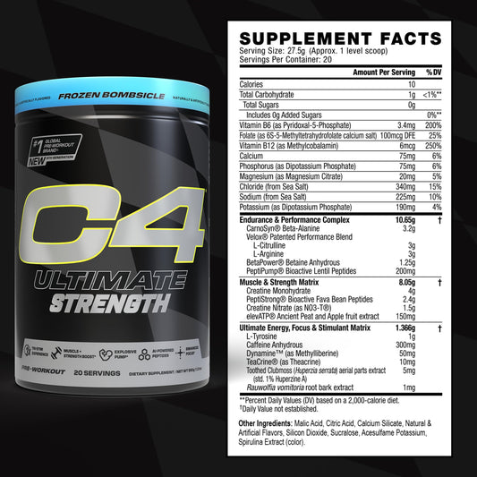 Close-up of C4 Ultimate Strength label featuring caffeine and peptide ingredients for performance