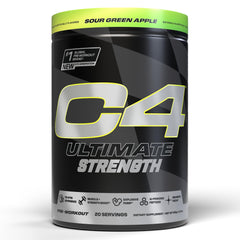 C4 Ultimate Strength powder bottle close-up, highlighting Sour Green Apple flavor and energy.