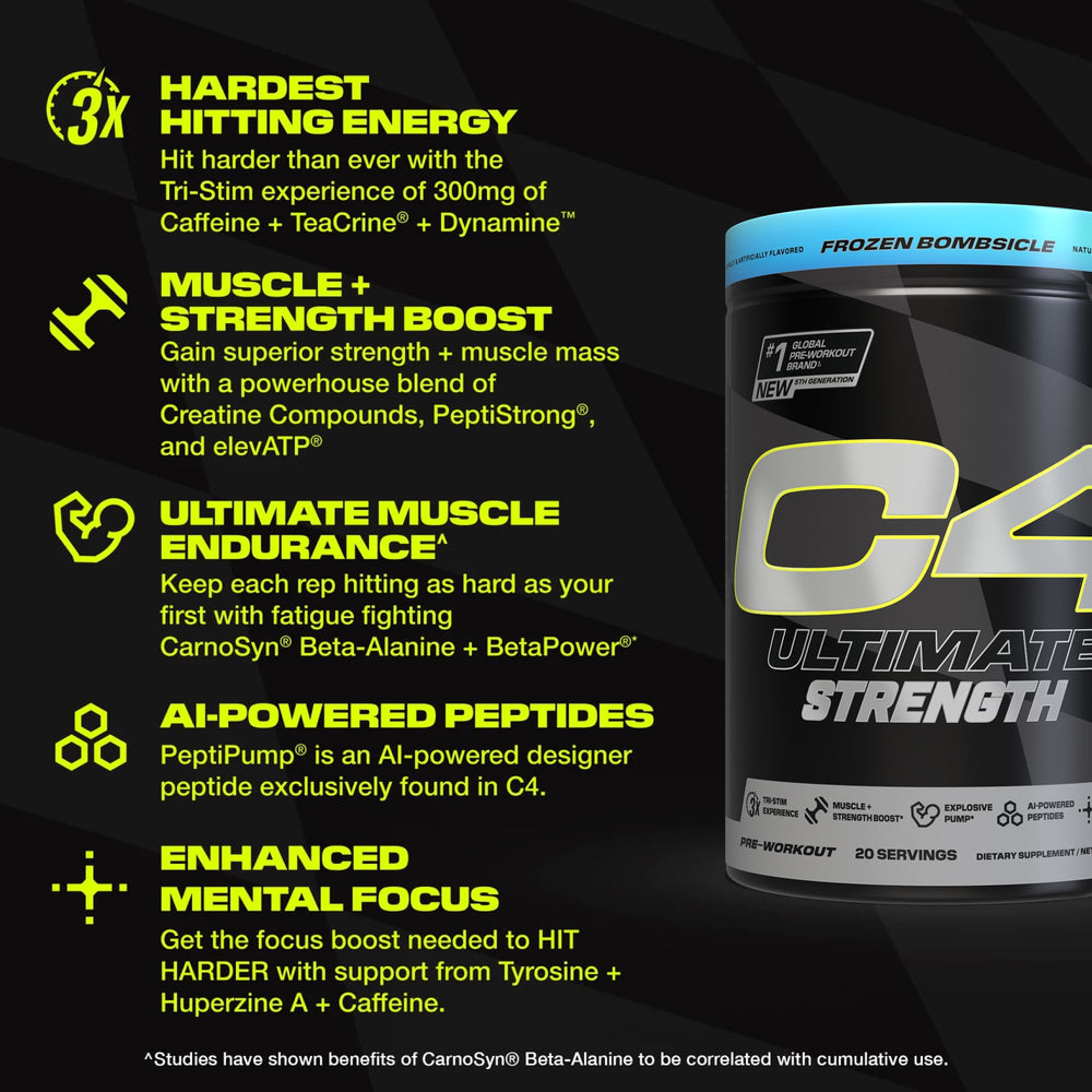 C4 Ultimate Strength scoop beside the tub for precise dosing during training