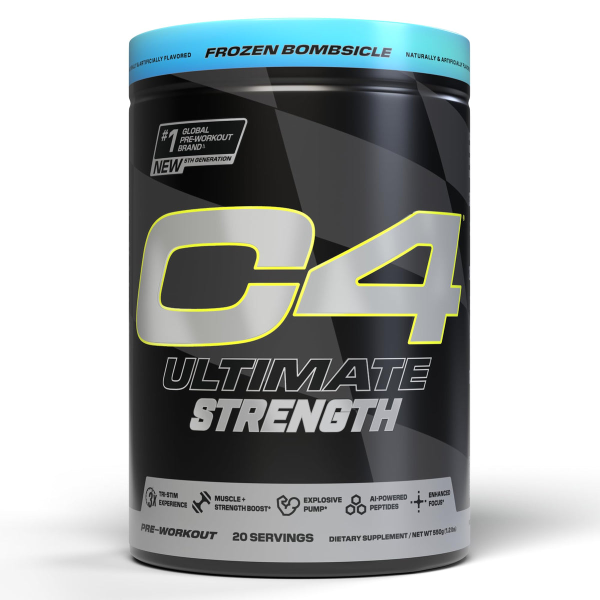 C4 Ultimate Strength tub front view highlighting the tri-stim energy blend for intense workouts