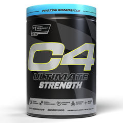 C4 Ultimate Strength tub front view highlighting the tri-stim energy blend for intense workouts