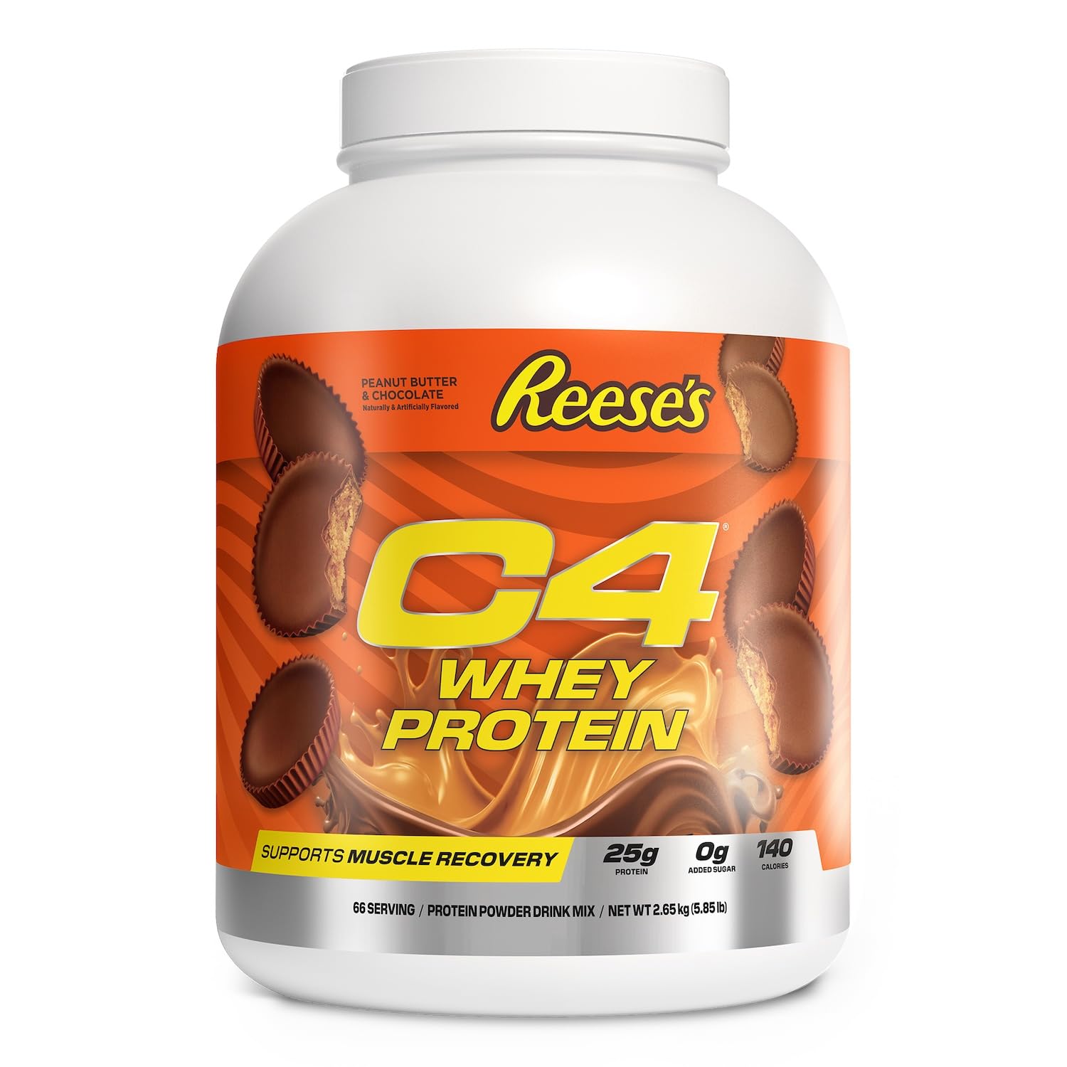C4 Whey Protein Hershey's Milk Chocolate tub shows rich flavor and post-workout protein support.