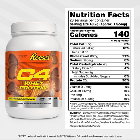 C4 Whey Protein Hershey's Milk Chocolate shake glass delivers indulgent flavor with a protein boost.