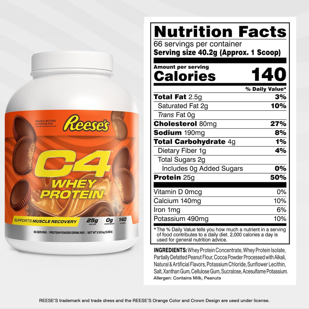 C4 Whey Protein Reese's Peanut Butter & Chocolate scoop with creamy texture for muscle recovery.