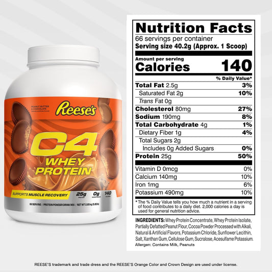 C4 Whey Protein Reese's Peanut Butter & Chocolate scoop with creamy texture for muscle recovery.
