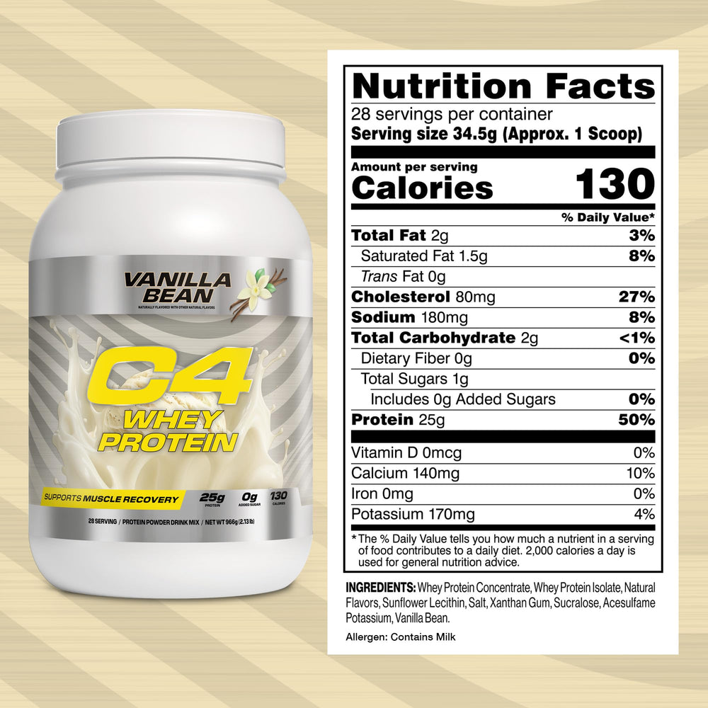 C4 Whey Protein Vanilla Bean shake being prepared in a glass