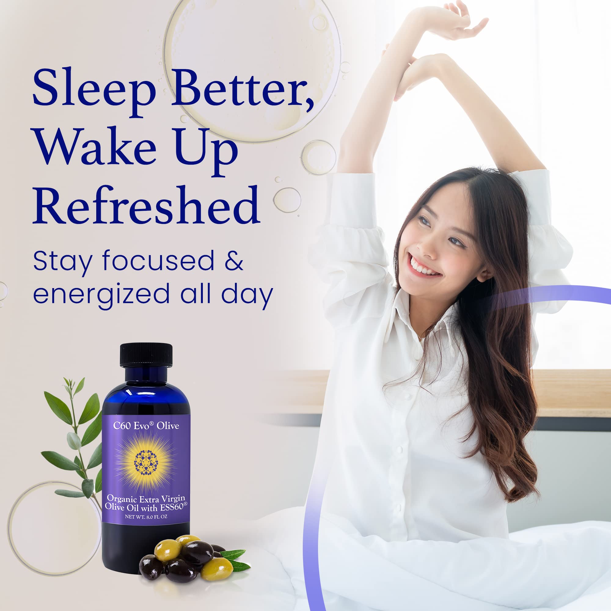 C60 Evo antioxidant olive oil blend highlighting ESS60 for overall wellness.