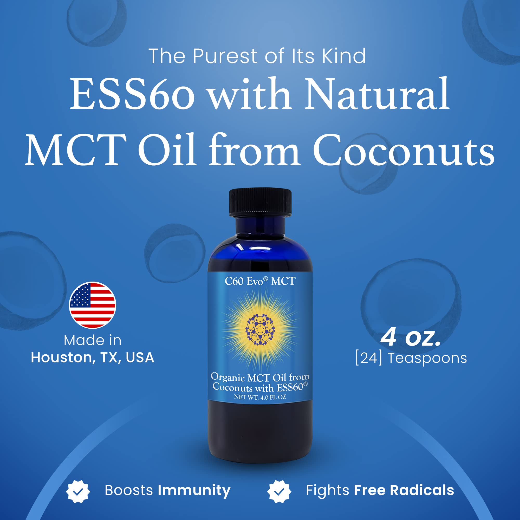 C60 Evo MCT Oil ingredients coconut highlighting natural base with ESS60.
