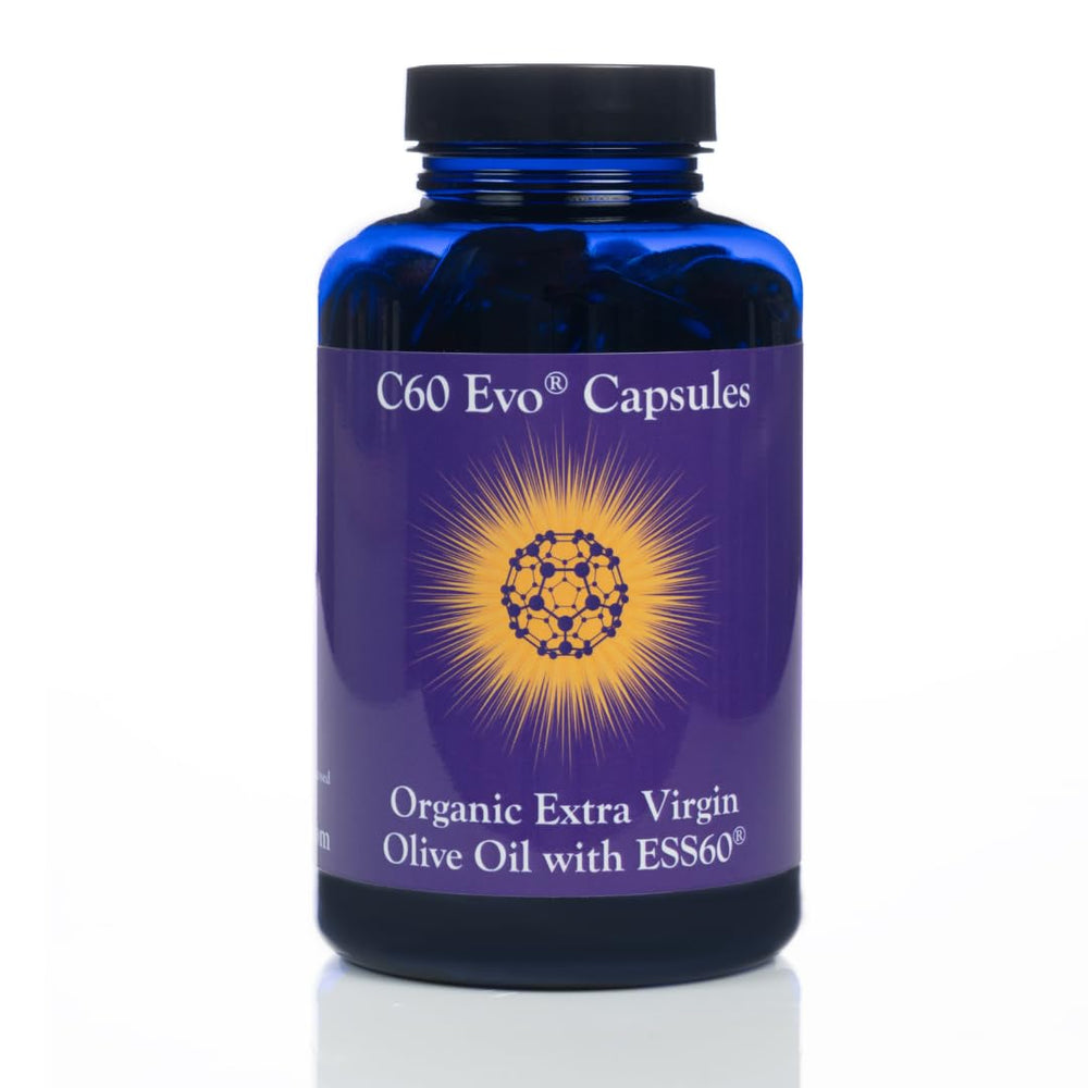 C60 Evo Pure ESS60 olive oil softgel bottle front for antioxidant support.