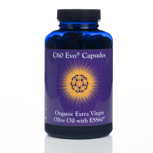 C60 Evo Pure ESS60 olive oil softgel bottle front for antioxidant support.