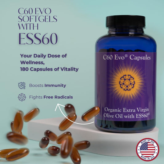 Closeup of C60 Evo softgels highlighting purity and potency.