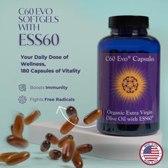 Closeup of C60 Evo softgels highlighting purity and potency.