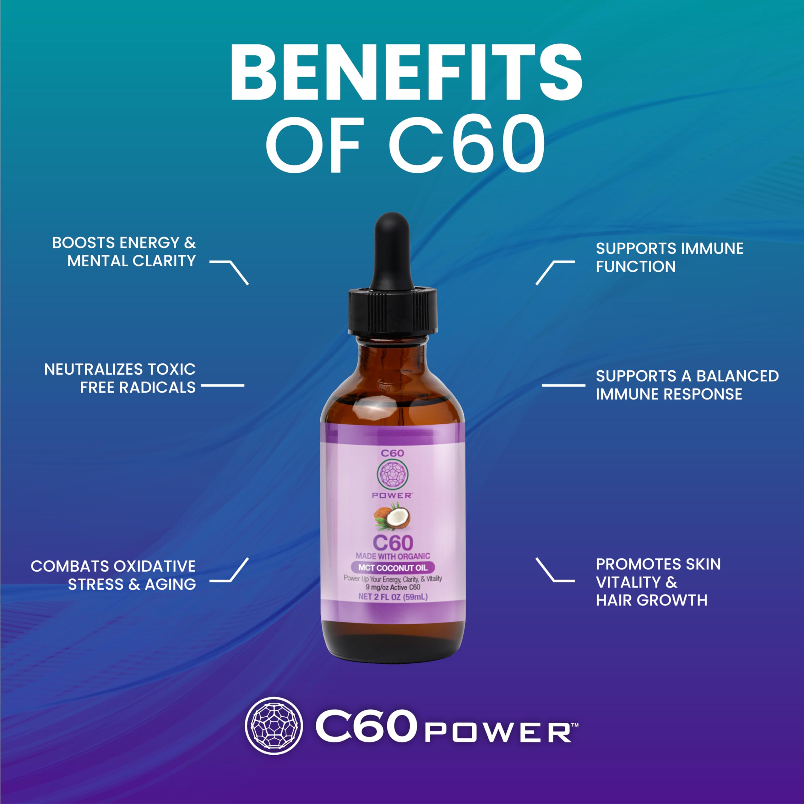Close-up of C60 Power label showcasing 99.99% purity and organic base.