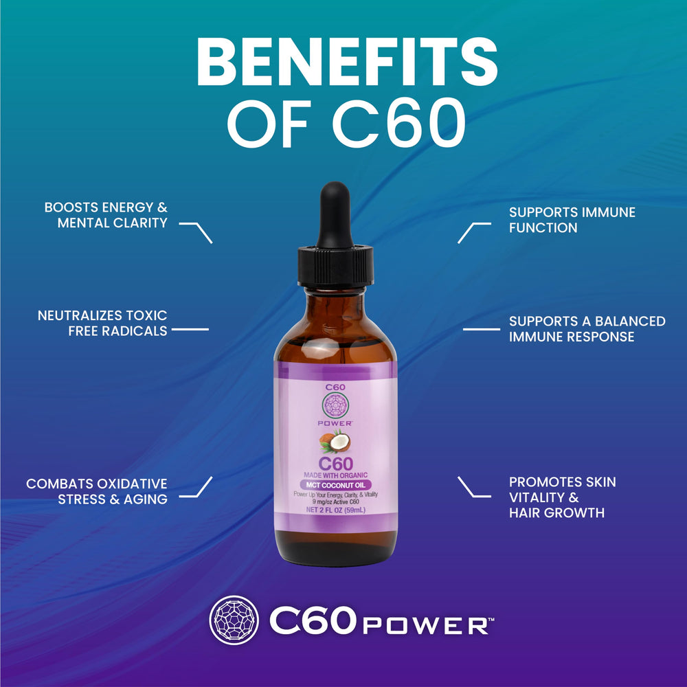 Close-up of C60 Power label showcasing 99.99% purity and organic base.