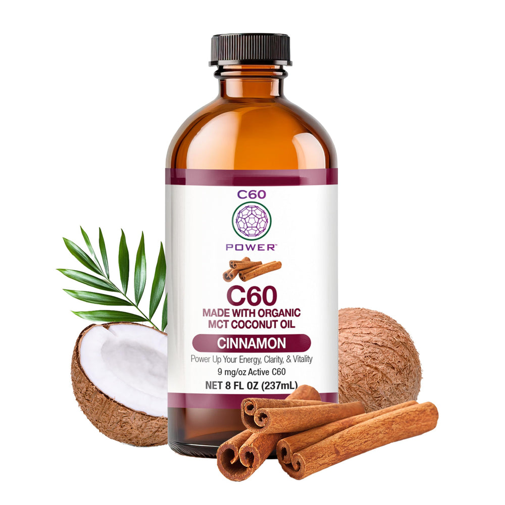C60 Purple Power bottle with cinnamon aroma over organic MCT oil for energy support.