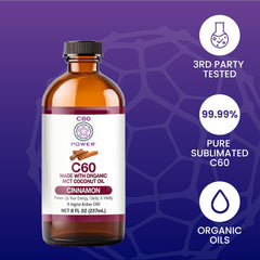 Label close-up on C60 Purple Power highlighting 99.99% pure sublimated C60 for clarity.
