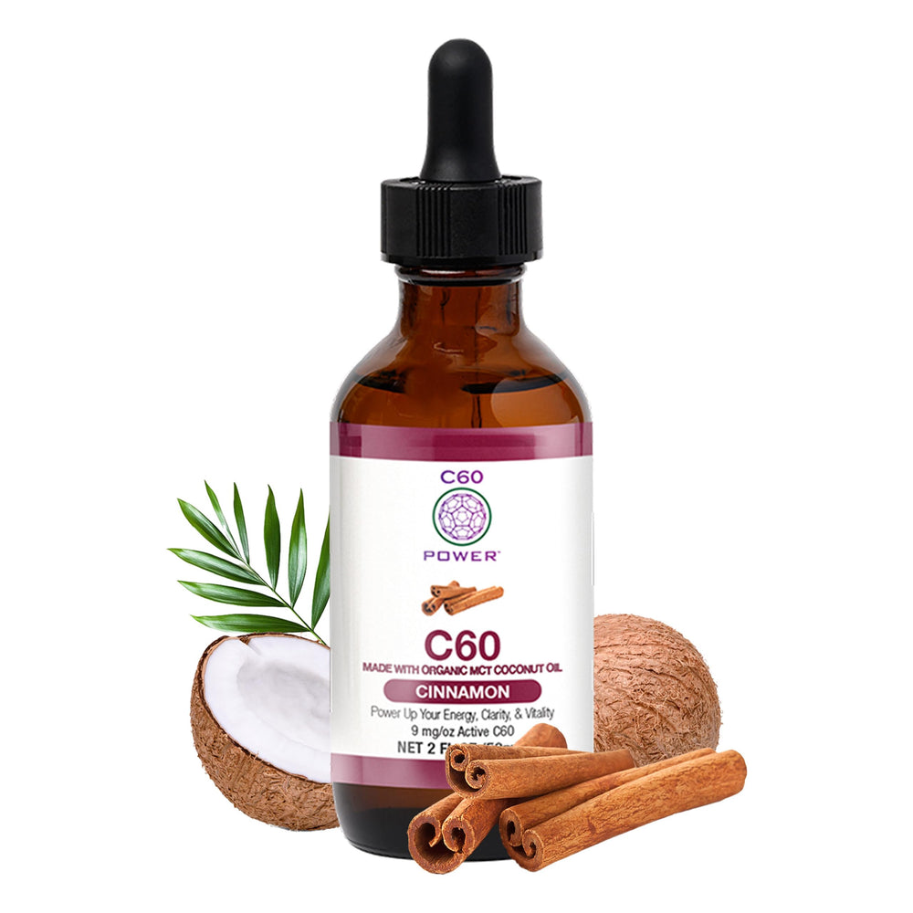 C60 Purple Power cinnamon-flavored oil bottle showing purity for daily supplementation.