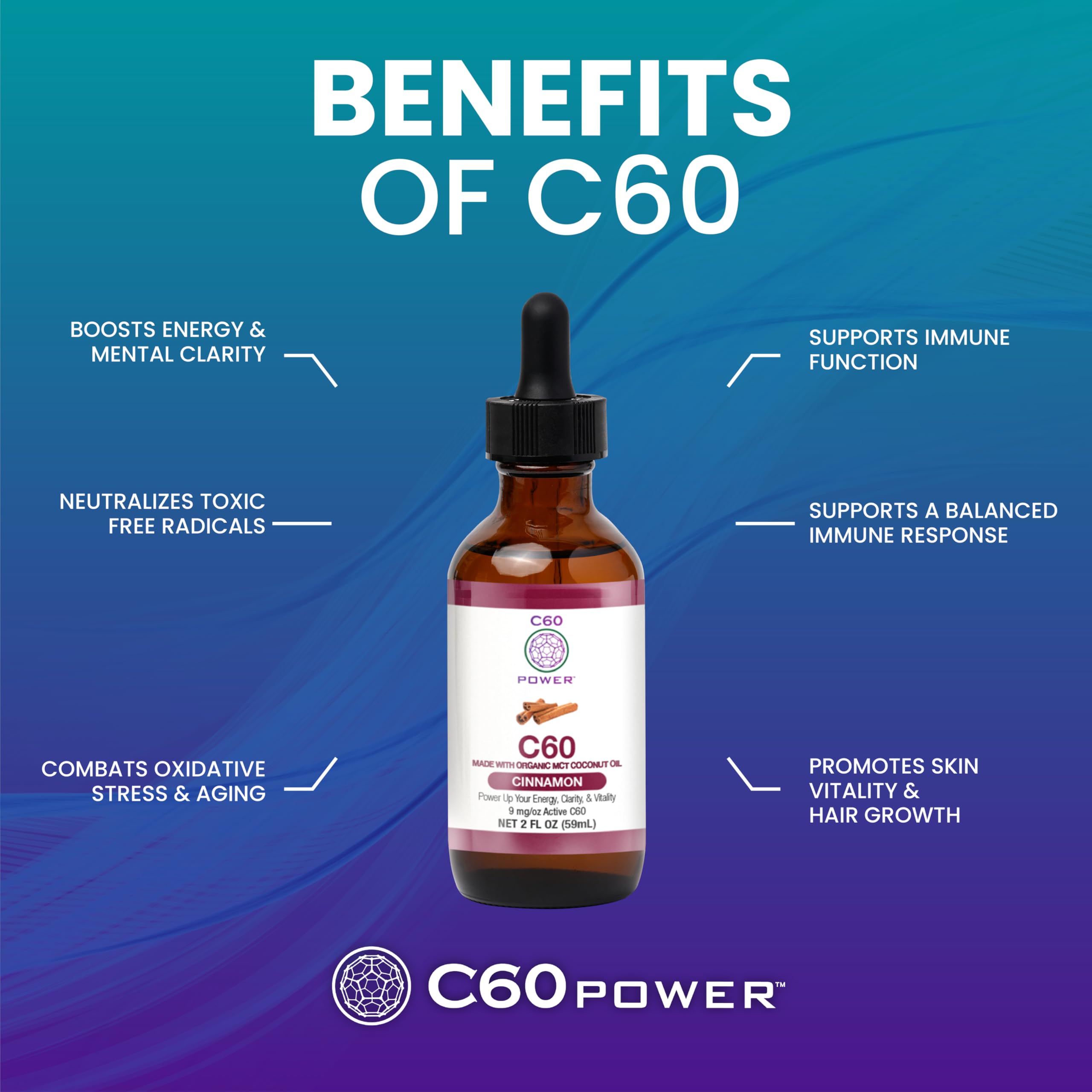 C60 Purple Power cinnamon-flavored oil on wood suggests flavorful daily energy support.