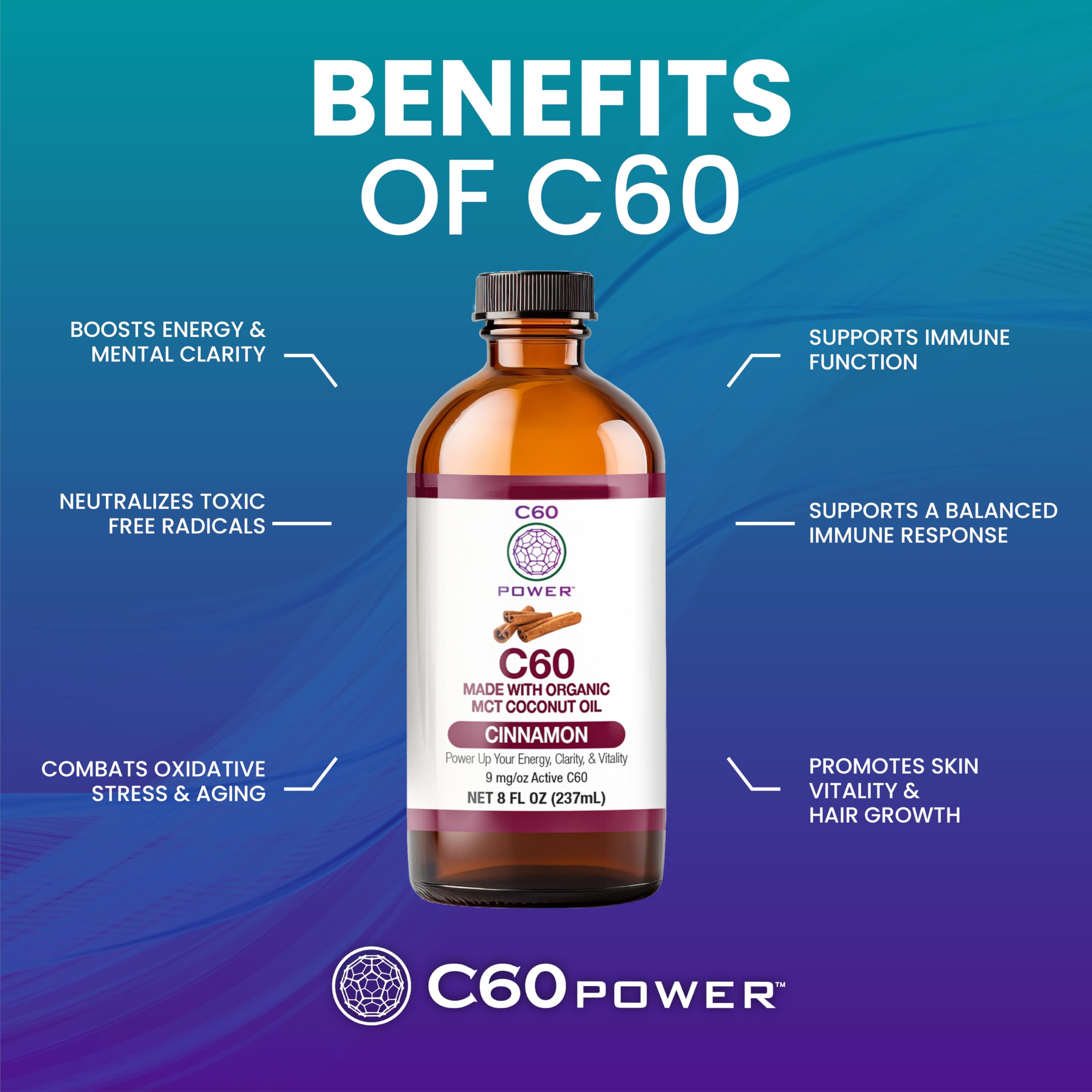Pouring C60 Purple Power cinnamon-flavored oil into water suggests quick absorption.